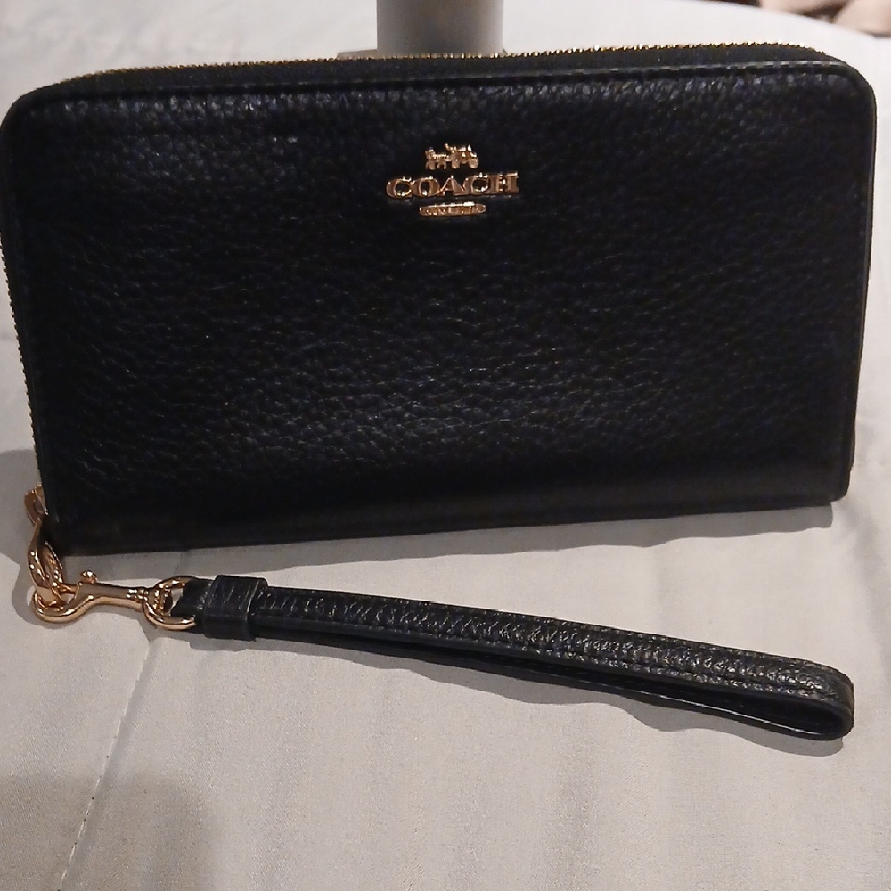 Coach Black Leather Wristlet with Gold Accents